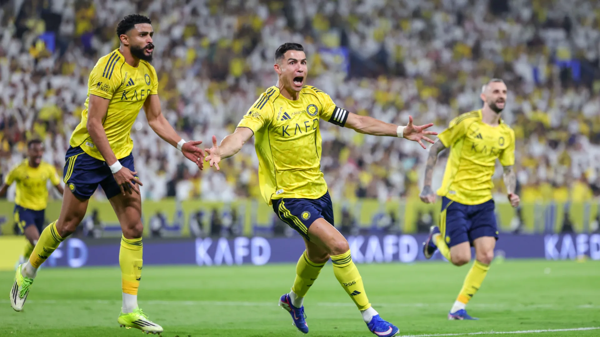 Cristiano Ronaldo celebrates a goal vs Al Ahli. (Getty Images)
