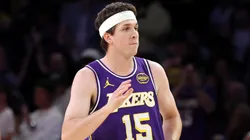 Austin Reaves #15 of the Los Angeles Lakers checks into the game.