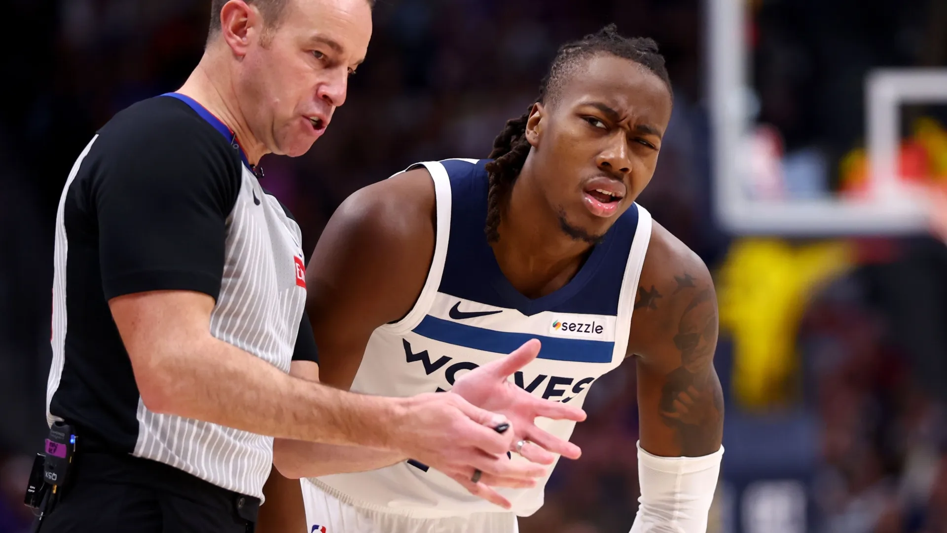 Ayo Dosunmu #13 of the Minnesota Timberwolves reacts to a call against the Denver Nuggets (Source: Jamie Schwaberow/Getty Images)