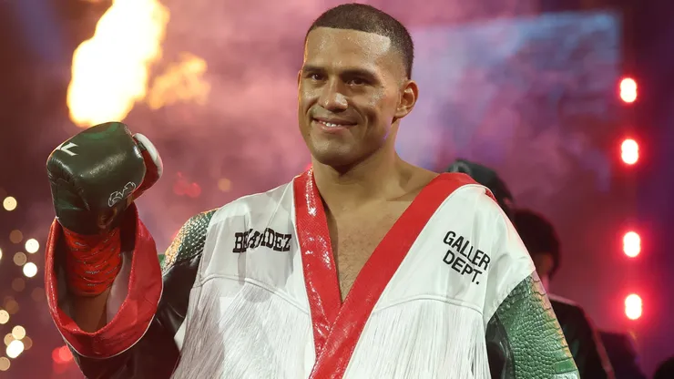 David Benavidez walks to the ring.