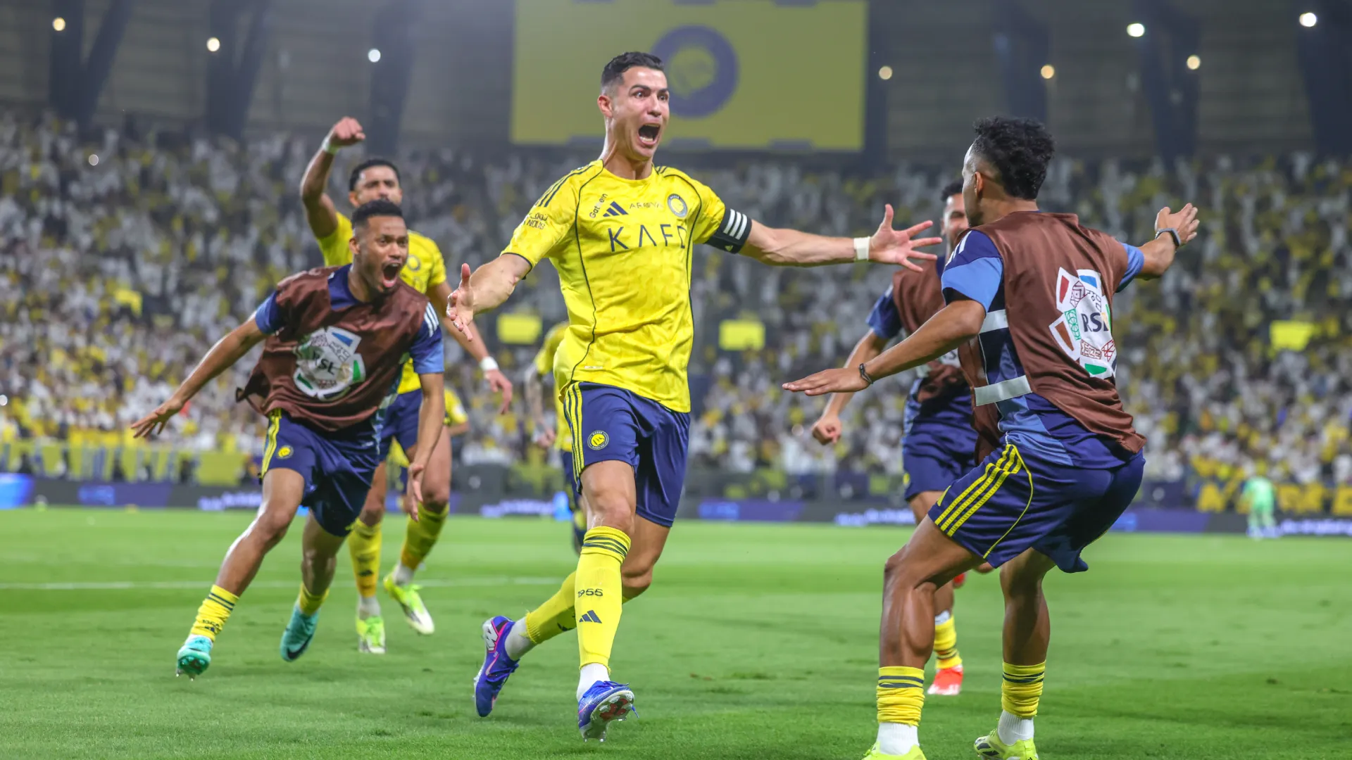 Cristiano Ronaldo celebrates a goal vs Al Ahli. (Getty Images)