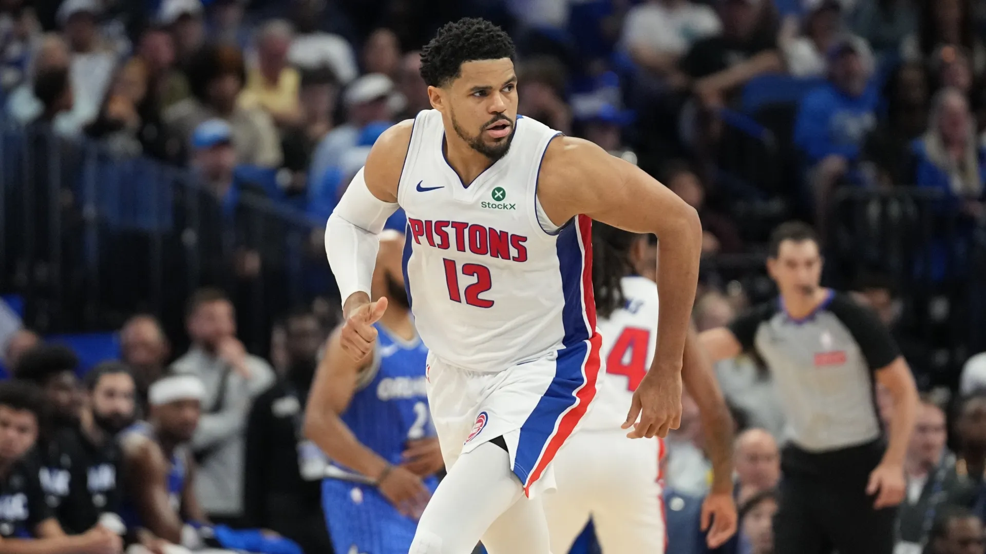 Tobias Harris #12 of the Detroit Pistons runs the floor after scoring on a jumpshot (Source: Peter Joneleit/Getty Images)