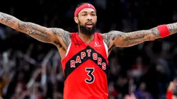 Brandon Ingram #3 of the Toronto Raptors celebrates a teammate's basket against the Brooklyn Nets.