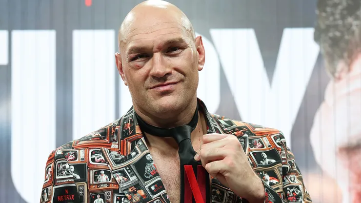Tyson Fury speaks to the media.