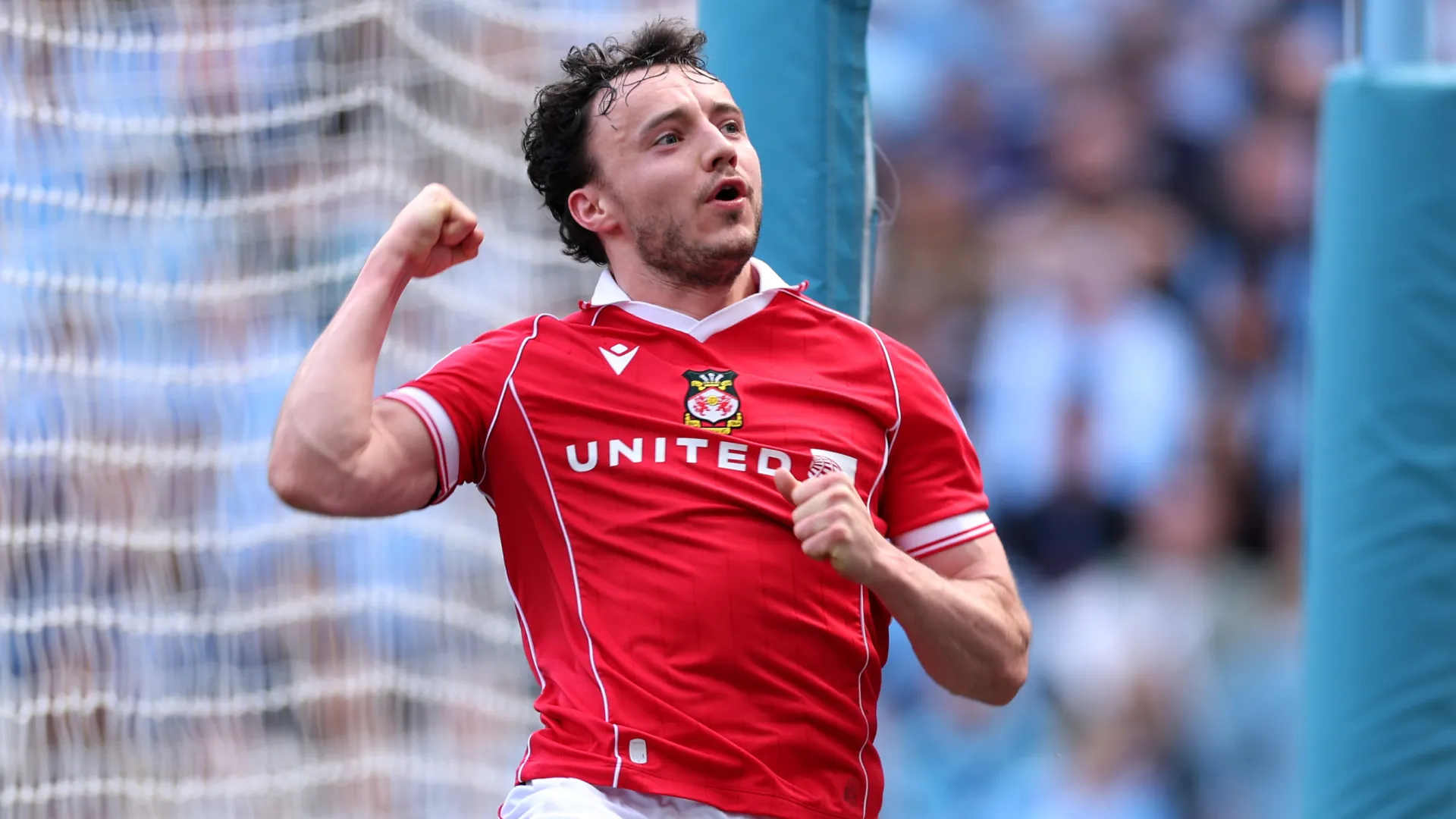 Ollie Rathbone of Wrexham celebrates a goal vs Coventry City. (Getty Images)