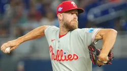 Zack Wheeler #45 of the Phillies pitches in the second inning against the Marlins.