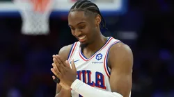 Tyrese Maxey #0 of the Philadelphia 76ers reacts.