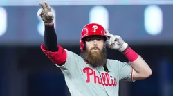 Brandon Marsh #16 of the Philadelphia Phillies celebrates.