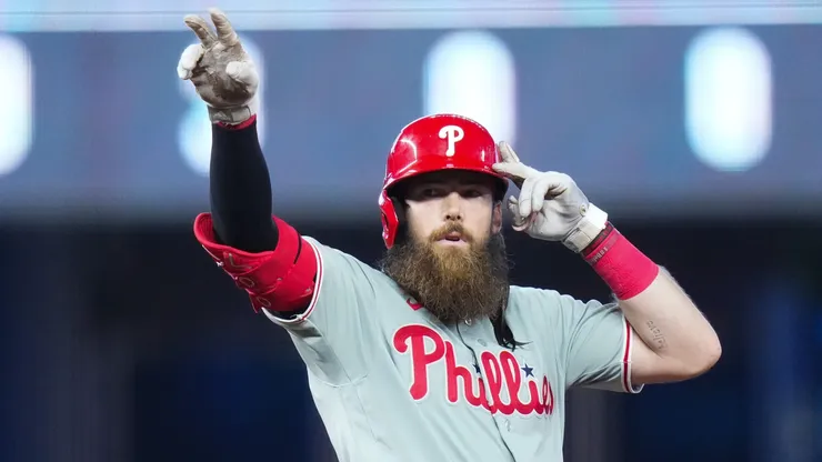Brandon Marsh #16 of the Philadelphia Phillies celebrates.