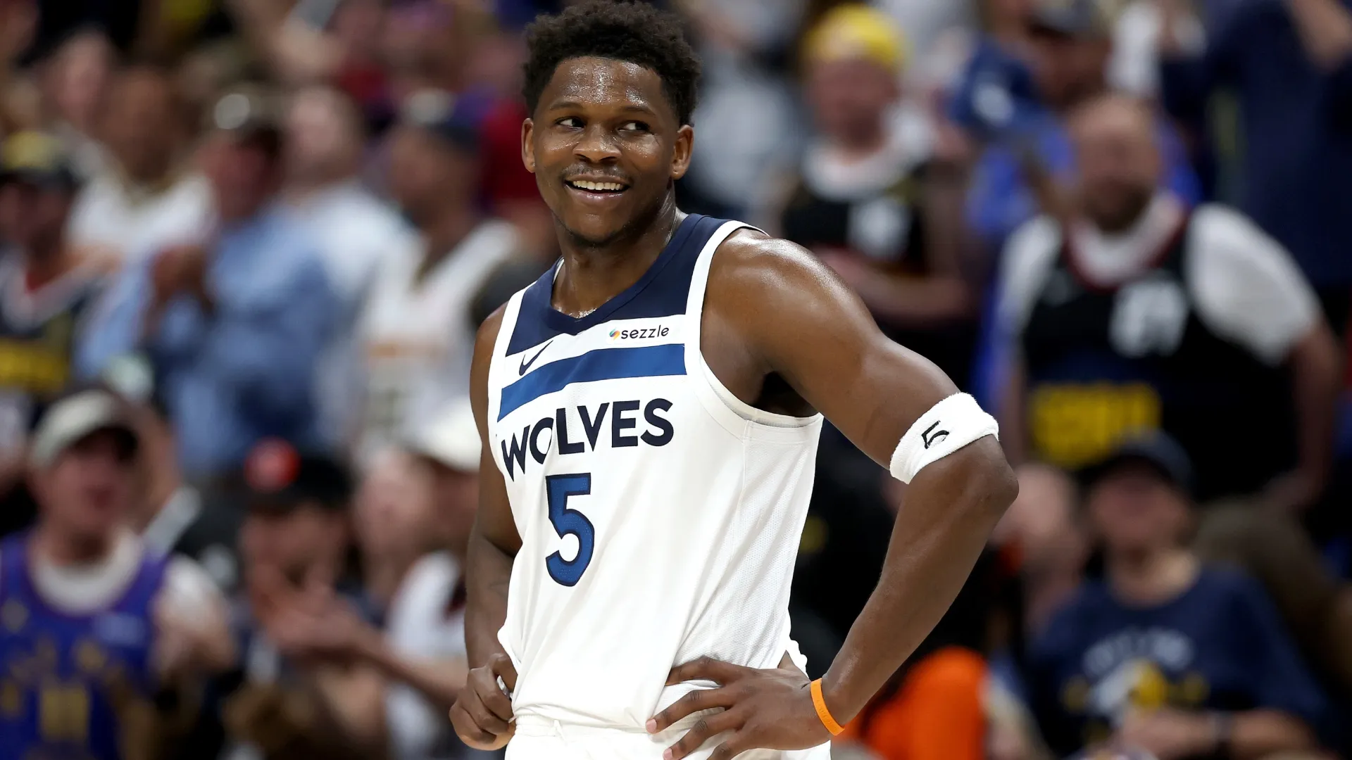 Anthony Edwards #5 of the Minnesota Timberwolves plays the Denver Nuggets (Source: Matthew Stockman/Getty Images)
