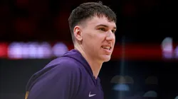Jake LaRavia #12 of the Los Angeles Lakers looks on.