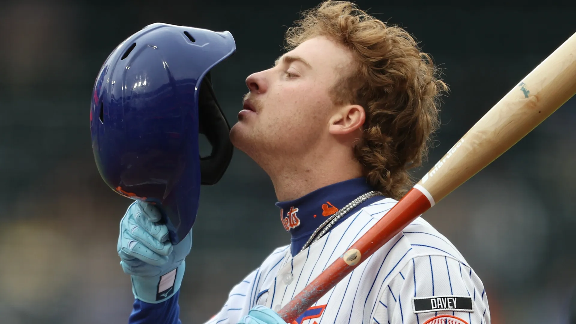 Carson Benge #3 of the Mets takes off his helmet while at bat. Heather Khalifa/Getty Images