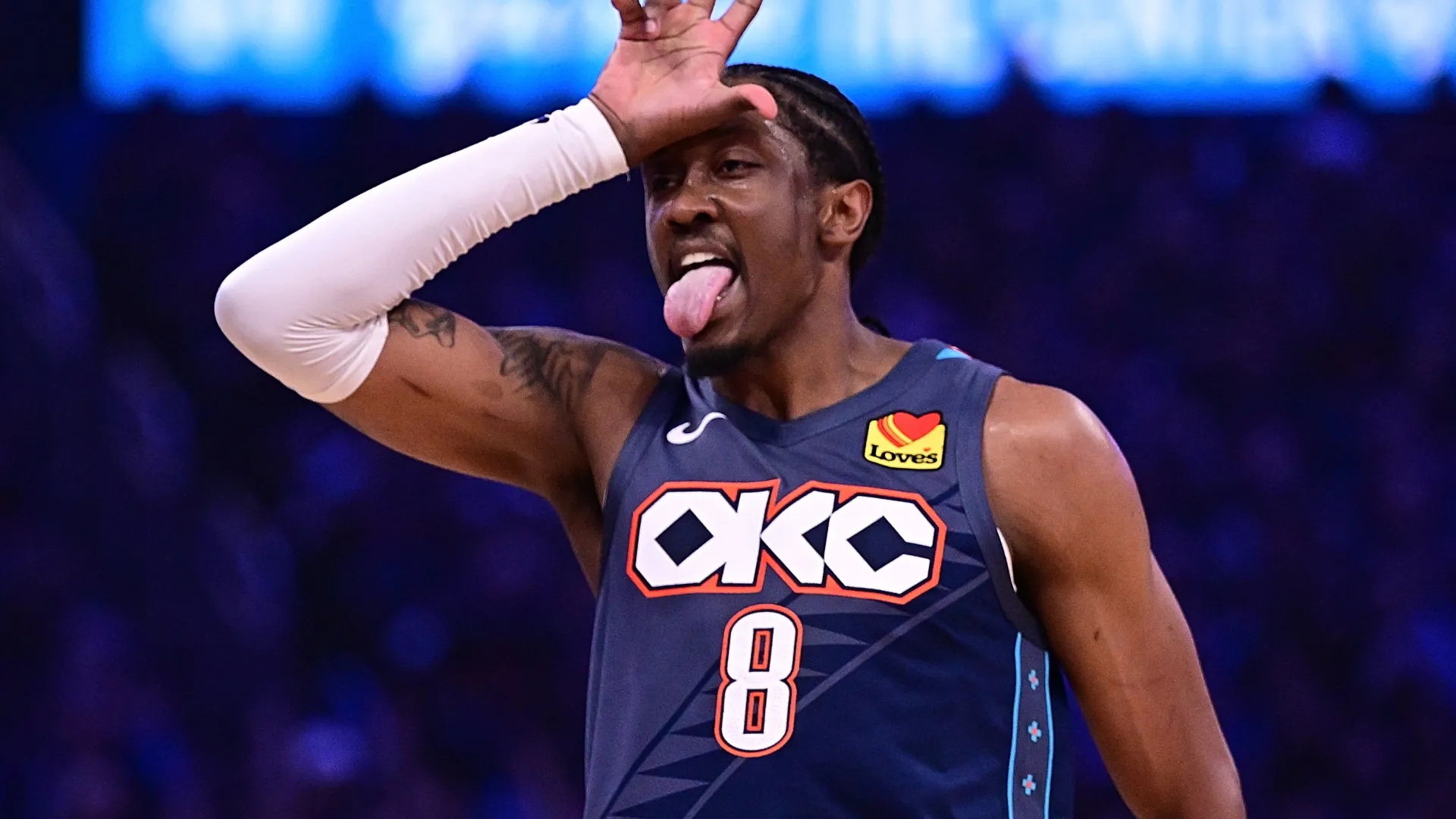 Jalen Williams #8 of the OKC celebrates after a made basket during the first half against the Suns (Source: Joshua Gateley/Getty Images)