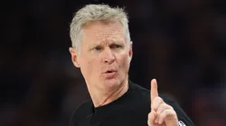 Head coach Steve Kerr of the Golden State Warriors reacts.