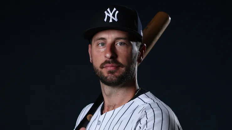 Paul DeJong #18 with the Yankees poses for a photo.