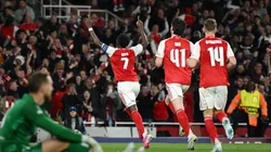 Bukayo Saka celebrates a goal for Arsenal vs Atletico Madrid.