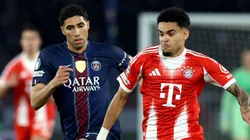 Achraf Hakimi of Paris Saint-Germain is challenged by Luis Diaz of FC Bayern Munich