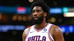 Joel Embiid #21 of the 76ers looks on during the first quarter of a game against the Boston Celtics