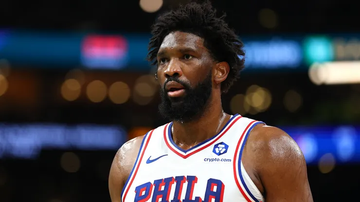 Joel Embiid #21 of the 76ers looks on during the first quarter of a game against the Boston Celtics
