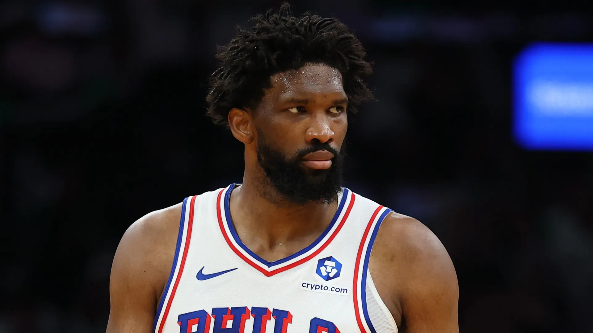 Joel Embiid looks on during the fourth quarter of a game against the Boston Celtics (Source: Maddie Meyer/Getty Images)