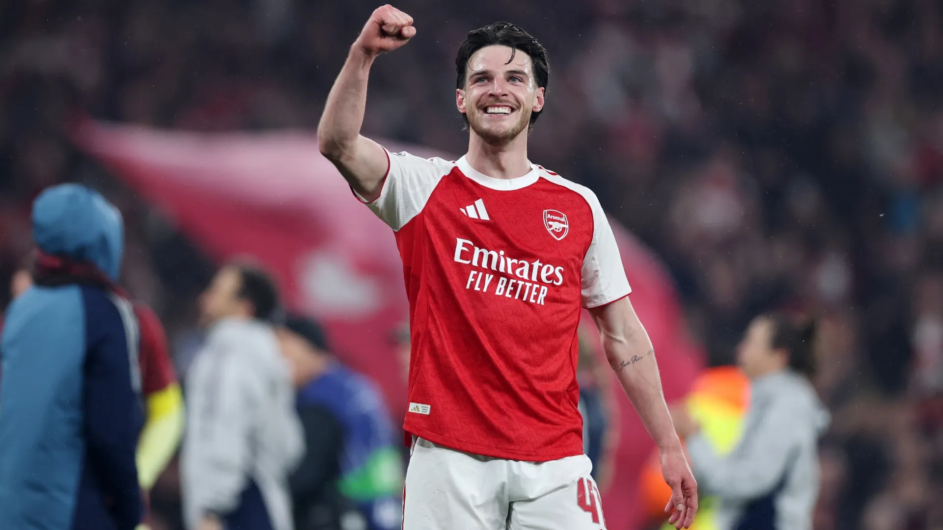 Declan Rice celebrates progressing to the final of the UEFA Champions League 2025/26 after the team’s victory (Source: Justin Setterfield/Getty Images)