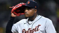 Framber Valdez #59 of the Detroit Tigers looks on.