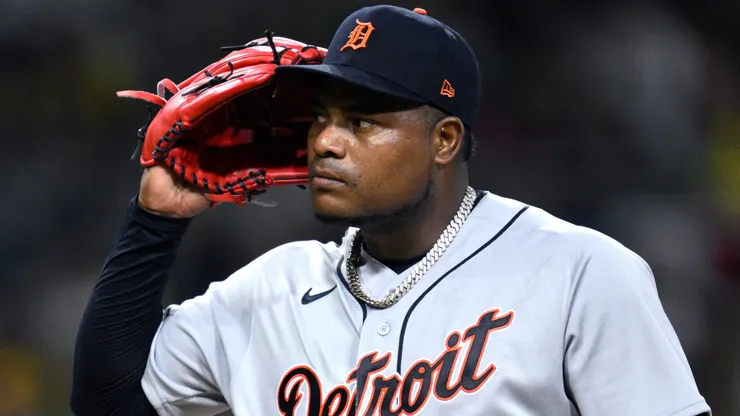 Framber Valdez #59 of the Detroit Tigers looks on.