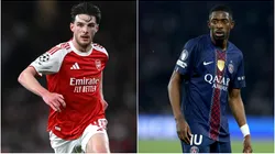 Declan Rice of Arsenal and Ousmane Dembele of PSG