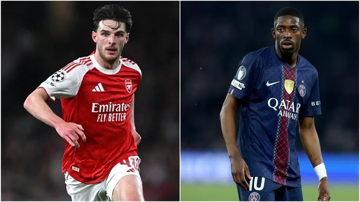 Declan Rice of Arsenal and Ousmane Dembele of PSG