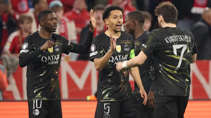 Ousmane Dembele celebrates a goal vs Bayern Munich.