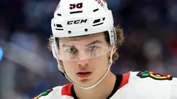 Connor Bedard of the Chicago Blackhawks at Climate Pledge Arena.
