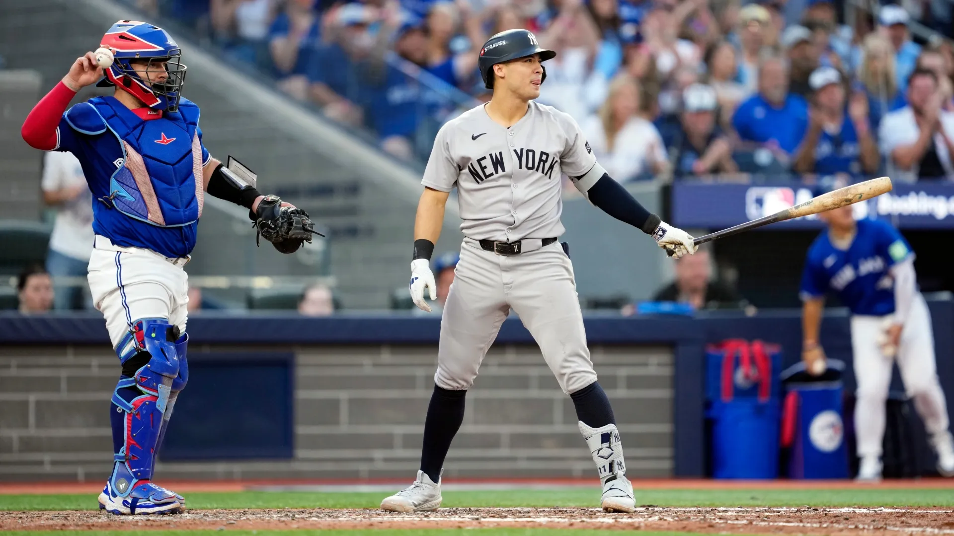 Anthony Volpe #11 of the New York Yankees reacts after striking out. Mark Blinch/Getty Images