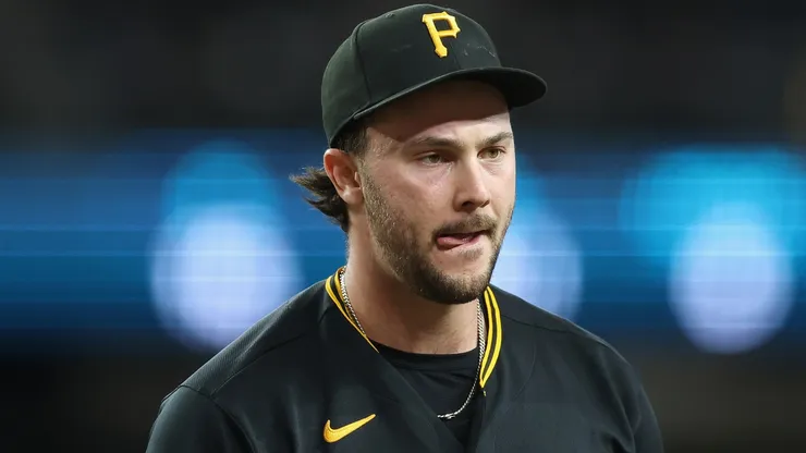 Paul Skenes #30 of the Pittsburgh Pirates reacts after pitching out of the eighth inning.