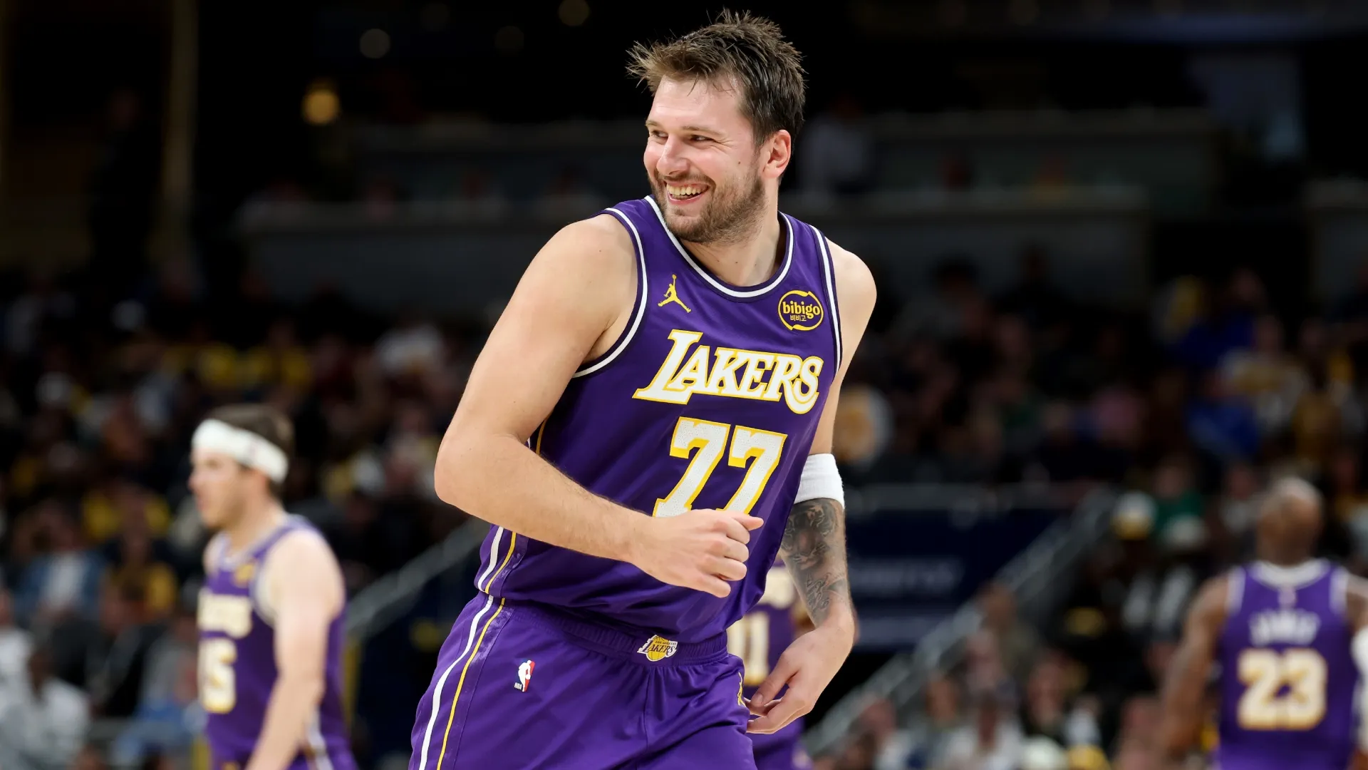 Luka Doncic celebrates after a basket against the Indiana Pacers (Source: Andy Lyons/Getty Images)