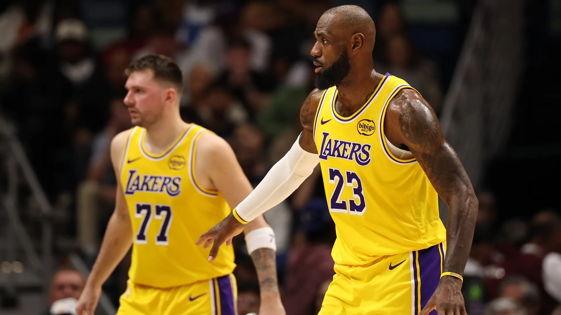Luka Doncic and LeBron James look on during the game against the New Orleans Pelicans (Source: Chris Graythen/Getty Images)