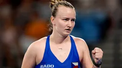 Barbora Krejcikova celebrates set point in the Quarter-Final Match during the United Cup