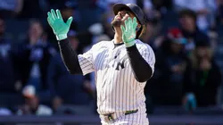 Jasson Domínguez #24 of the New York Yankees gestures.