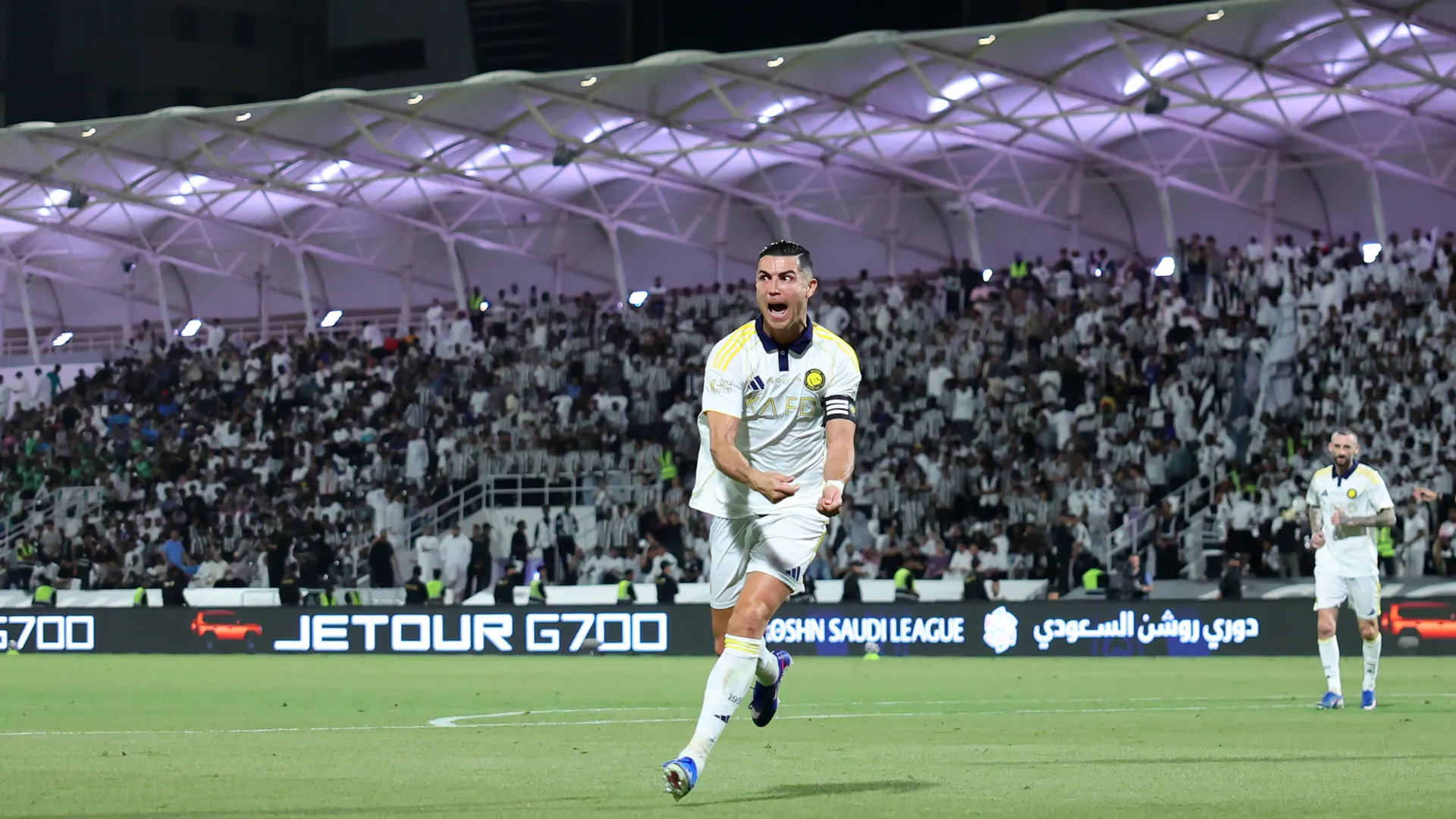 Cristiano Ronaldo celebrates his 100th league goal with Al Nassr. (Getty Images)