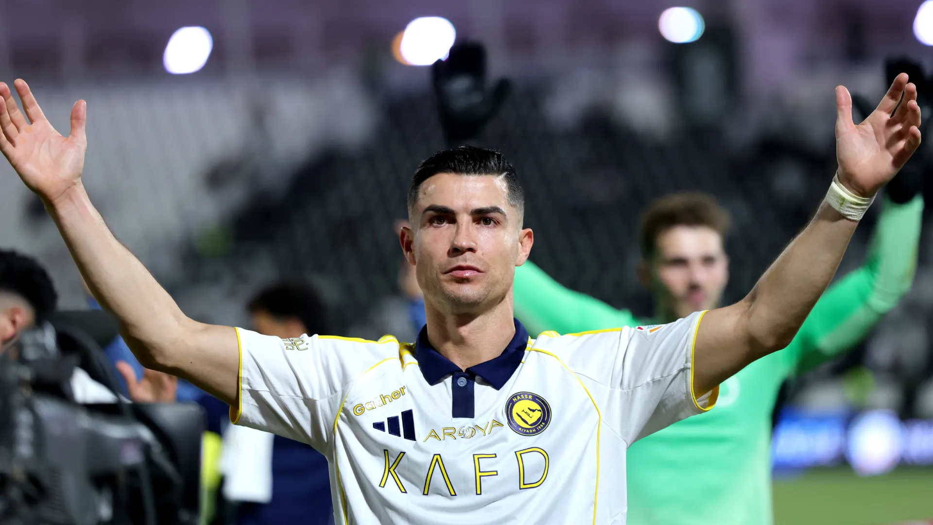 Cristiano Ronaldo celebrates Al Nassr’s win vs Al Shabab. (Getty Images)