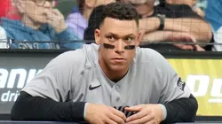 Aaron Judge #99 of the Yankees looks on in the sixth inning against the Brewers.