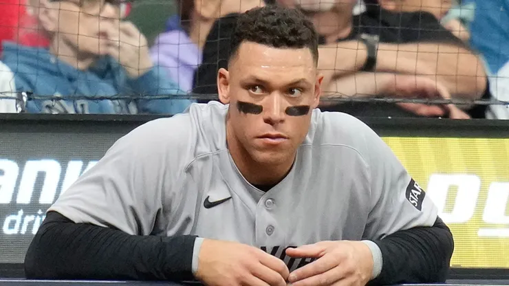 Aaron Judge #99 of the Yankees looks on in the sixth inning against the Brewers.