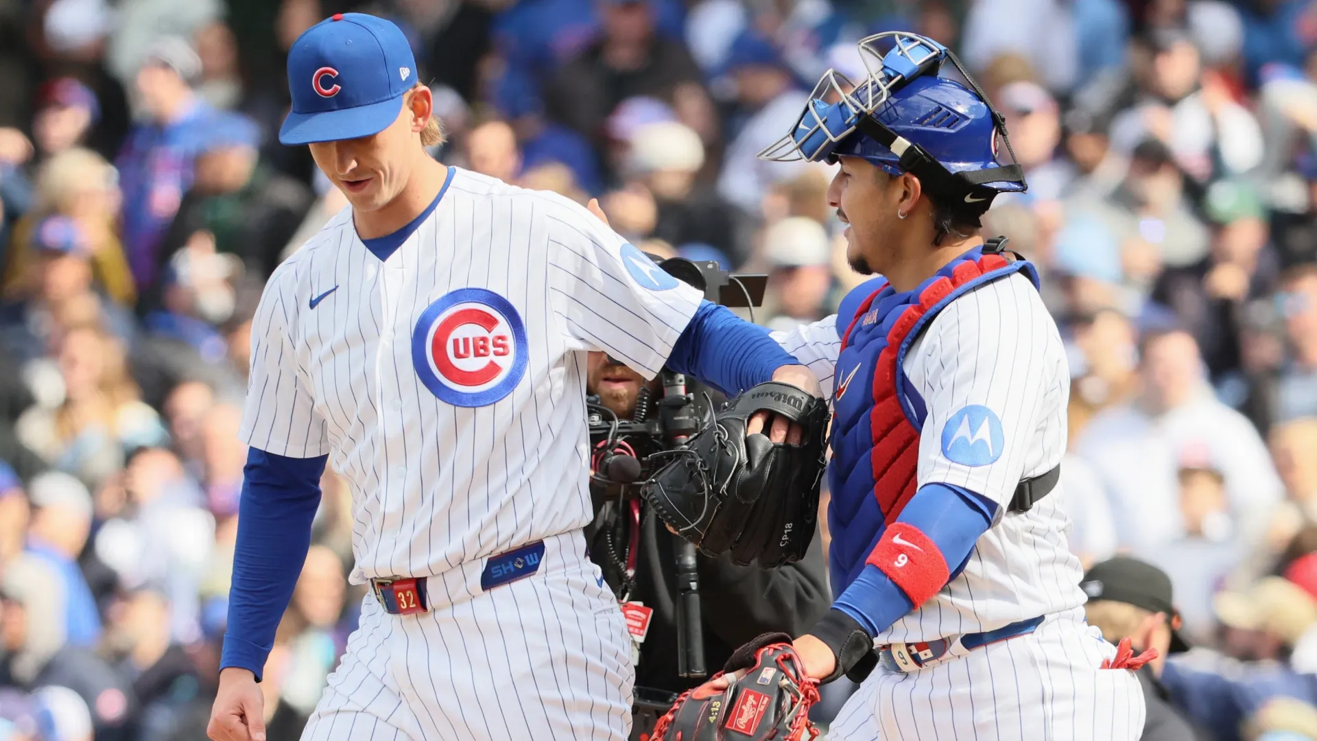 Ben Brown and Miguel Amaya of the Cubs celebrate after defeating the Diamondbacks. Jayden Mack/Getty Images