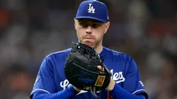 Freddie Freeman #5 of the Los Angeles Dodgers looks on during an at bat.