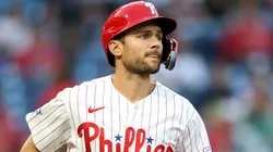 Trea Turner #7 of the Philadelphia Phillies runs to first base.
