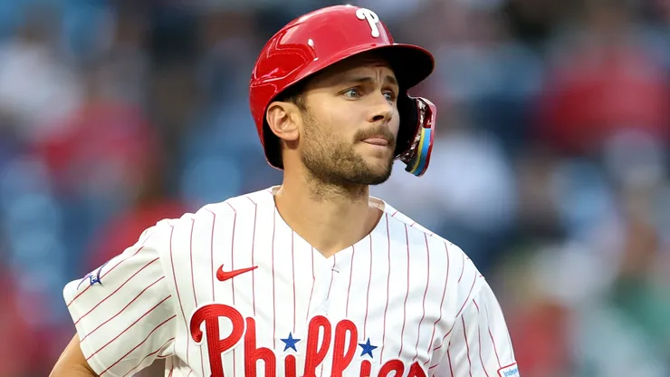 Trea Turner #7 of the Philadelphia Phillies runs to first base.