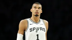 Victor Wembanyama #1 of the San Antonio Spurs looks on.