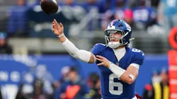 Jaxson Dart #6 of the New York Giants in action during the game against the Dallas Cowboys in 2026.