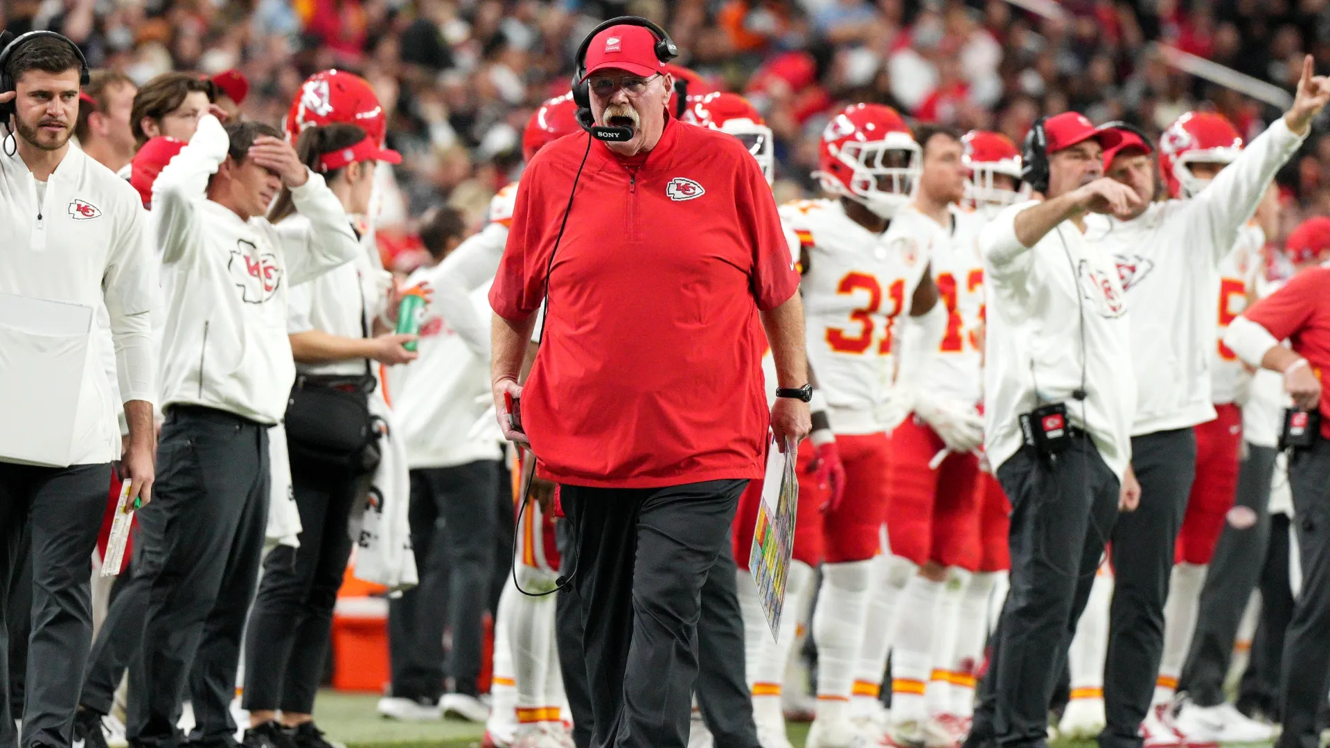 Head coach Andy Reid of the Kansas City Chiefs looks on during the game against the Las Vegas Raiders (Source: Candice Ward/Getty Images)