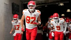 Travis Kelce #87 of the Kansas City Chiefs runs onto the field prior to the game against the Las Vegas Raiders