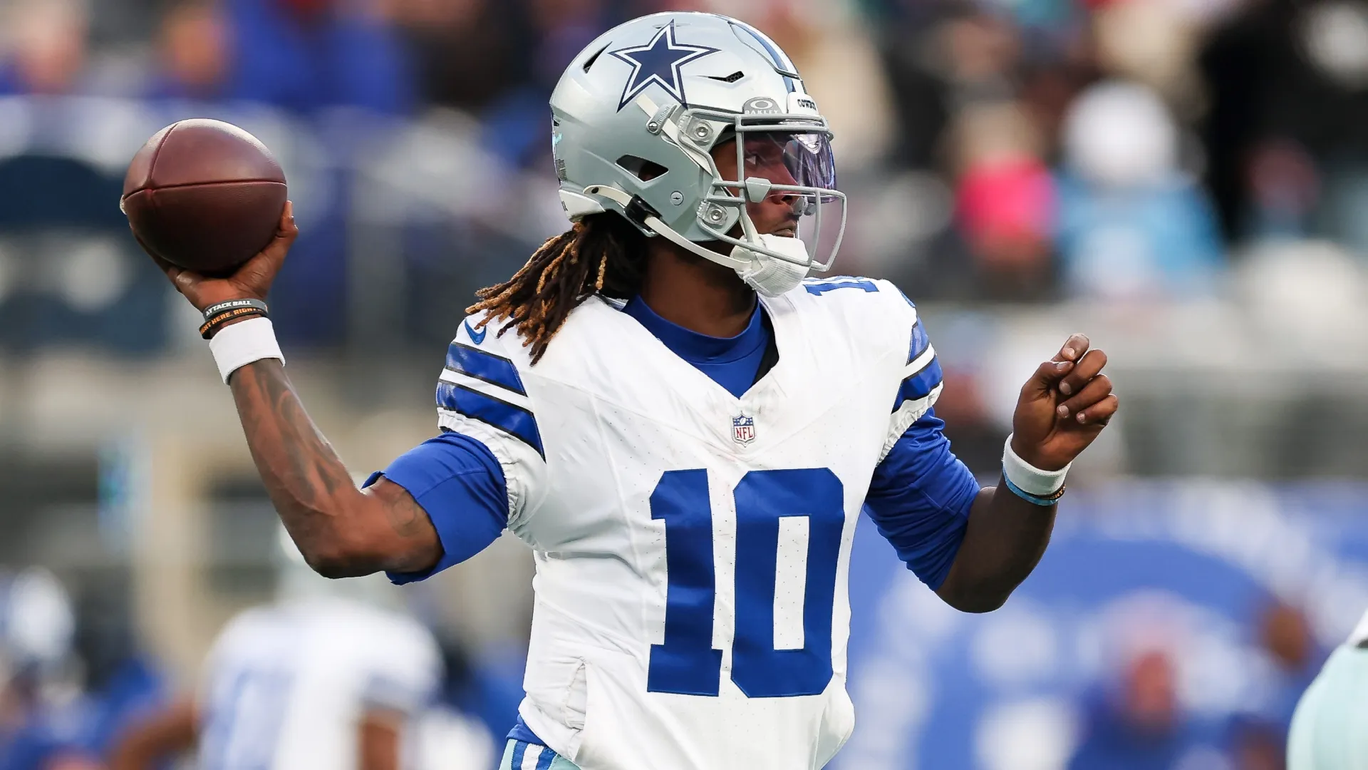 Joe Milton III #10 of the Dallas Cowboys in action during the game against the New York Giants (Source: Ishika Samant/Getty Images)